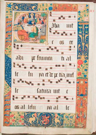 1.L'Isle Adam Manuscript Collection, Vol 5 f10r, historiated initial and decorated border (Courtesy of St John's Co-Cathedral Foundation)