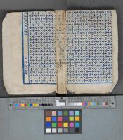 Blue block printed paper, used as drawn-on cover