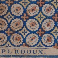 Blue block-printed paper, with red an yellow stencilling