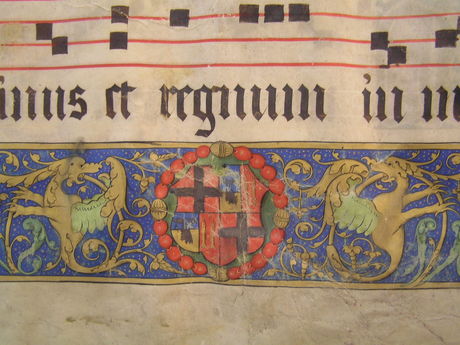 7. L'Isle Adam Manuscript Collection, Vol 1 f77r L'Isle Adam's coat of arms detail from decorated border (Courtesy of St John's Co-Cathderal Foundation)
