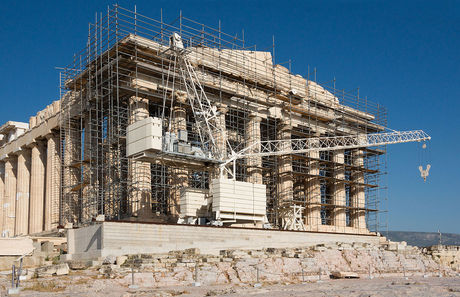 Restoration work at the western facade of the Parthenon, Acropolis, Athens, Greece; by Jebulon; https://commons.wikimedia.org/wiki/File:Restoration_work_Parthenon_facade_Acropolis_Athens_Greece.jpg